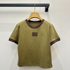 MiuMiu Dark Brown Color-Blocked Crew Neck Short-Sleeve T-Shirt